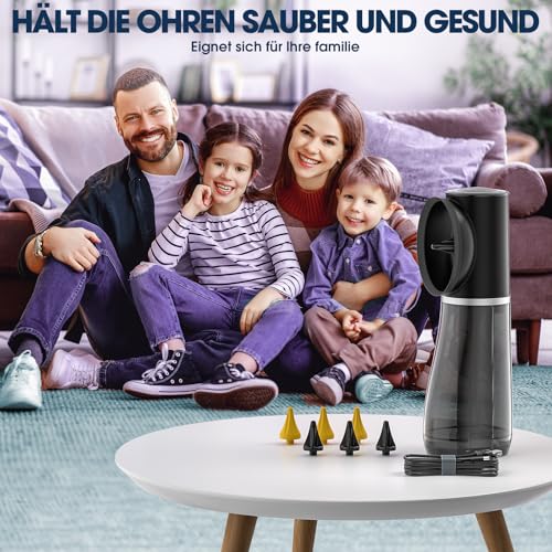 Ohrenschmalz Entferner, Elektrischer Ohrenreiniger mit 4 Druckmodi, IPX7 Wasserdicht Ohrenspülung, 6-Düsen Ohrendusche, Ohrreiniger für Erwachsene Kinde, Schwarz
