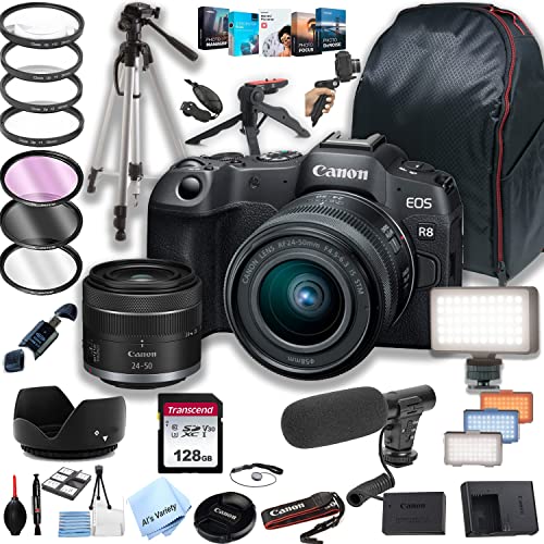 Canon EOS R8 Mirrorless Camera with RF 24-50mm f/4.5-6.3 is STM Lens + 128GB Memory + LED Video Light + Microphone + Back Pack + Steady Grip Pod + Tripod + Filters + Software + More (36pc Bundle)