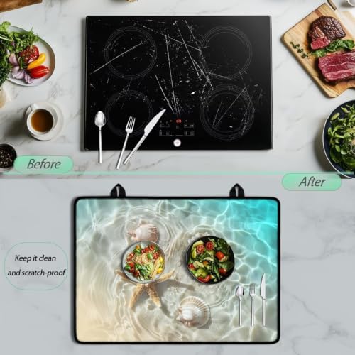 Image of Stove Top Cover for Electric Heat Resistant Glass Ceramic Cooktop Cover Mat Versatile Flat Top Induction Stove Cover Protector for Kitchen Decor, 29 x 21 Inch, Starfish Seashell