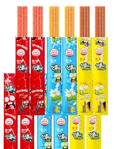 Korean Sour Chewy Candy Variety Pack, Extra Chewy & Stretchy Fruit Candy, Apple, Strawberry & Lemon Cola Flavors, Taffy-Style Texture, Individually Wrapped, 12 Packs (24 g Each)