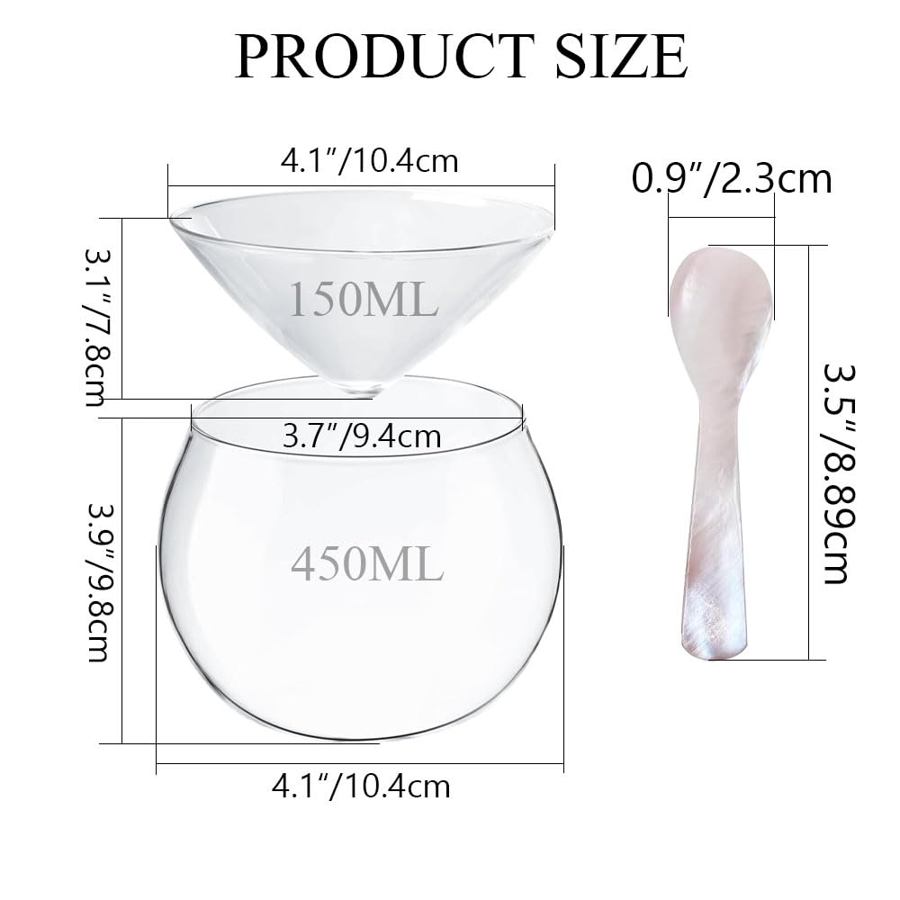 HAOZIJIE Caviar Server Set, Glass Caviar Dish with 2 Pcs Shell Caviar Spoons, Drinks Holder Chiller Shrimp Cocktail Liquor Martinis Cocktails Dish, for Caviar, Egg, Ice Cream, Coffee (Small)