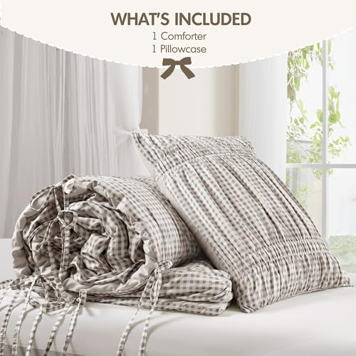 Image of Intelligent Design Ruched Shabby Chic Brown Twin XL Comforter Set, 2pc | Girls Dorm Gingham Bedding Set, French Country, All Season Down Alternative, Cozy, Machine Washable, Lightweight, Breathable