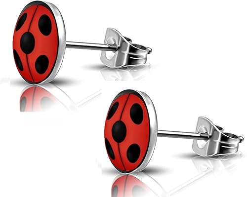 Pendientes de mariquita de acero inoxidable quirúrgico 316L, aretes de botón redondo de 0.394 in