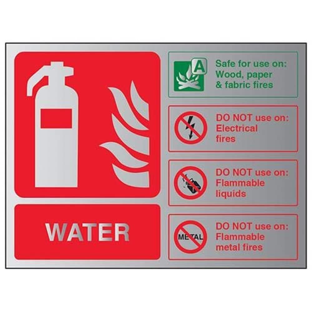 Vsafety White V Safety Fire Extinguisher-Water Id Sign - 150Mm X 100Mm - 3Mm Brushed Alu Comp