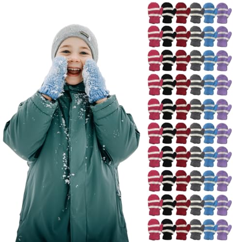 Yacht & Smith 60 Pack of Kids Fuzzy Mittens Warm Soft Mitten Toddlers Children Bulk AGE 3-8 (Stripe (Assorted)