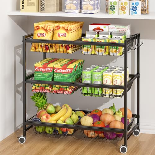 3-Tier Rolling Pantry Floor Organizer Cart with 6 Detachable Baskets Metal Wire Fruit Basket Stand with Wheels Kitchen Storage Cart for Fruit Vegetables Snack Cart for Pantry Kitchen Living Room