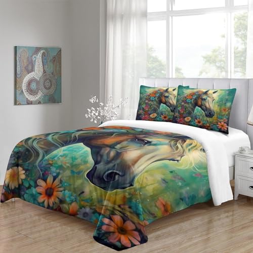 Housse de couette fleurs et chevaux lit double avec taies d'oreiller