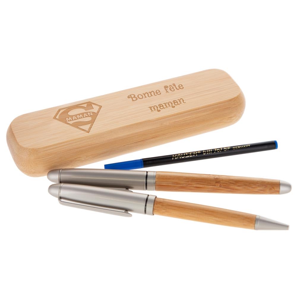 Ocadeau Coffret 2 stylos en bois personnalisé gravé – Gravure texte sur le coffret -Stylo bille et stylo roller
