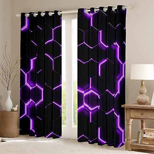 Loussiesd Boys Honeycomb Window Curtains for Bedroom Living Room Men Girls Modern Hexagon Theme Blackout CurtainsPurple Neon Decor Window Drapes Grid Art Window Treatments W46*L54 - Image 2