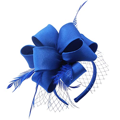 Myjoyday Women's Fascinators Hat For Tea Party Church Cocktail, Feathers Veil Headband With Hair Clip (Royal Blue) #TOP2