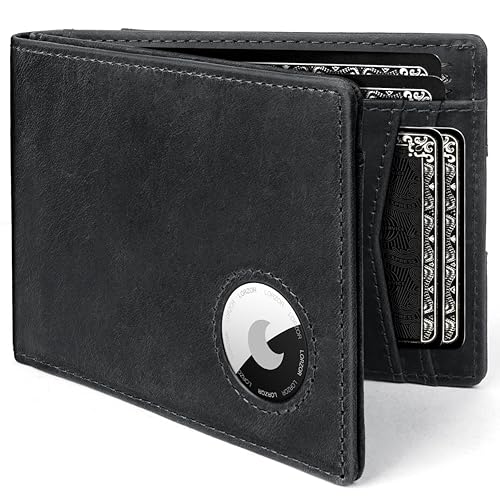 Image of LORZOR Mens Wallet with AirTag Holder, Bifold Full Grain Leather Minimalist Front Pocket RFID Blocking AirTag Wallet with ID Window Gift for Men, up to 12 Cards