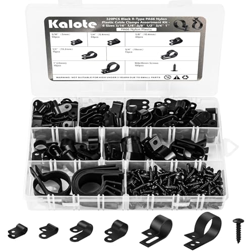 Kalote 320 PCS Black Nylon P-Clips, 3/16'' 1/4'' 3/8'' 1/2'' 3/4'' 1'' Inch Plastic Cable Clips Wire Clamp, Nylon Screw Mounting Cord Fastener Clip with 160 PCS Screws, for Wire Management