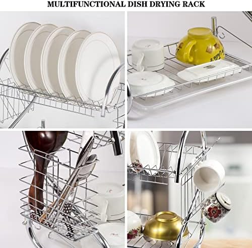 Midyb Dish Drainer Rack, 2 Tier Dish Drying Rack with Drip Tray, Removable Plate Draining Board & Cutlery Holder, Large Capacity Dish Drainers for Kitchen Countertop, Iron