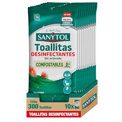 Sanytol - Pack de 10 x 30u Toallitas Desinfectantes Multiusos, Compostables, Sin Aclarado, Higiene Sin Bayeta, Eliminan Bacterias, Hongos y Virus Sin Lejía, Perfume Eucaliptus