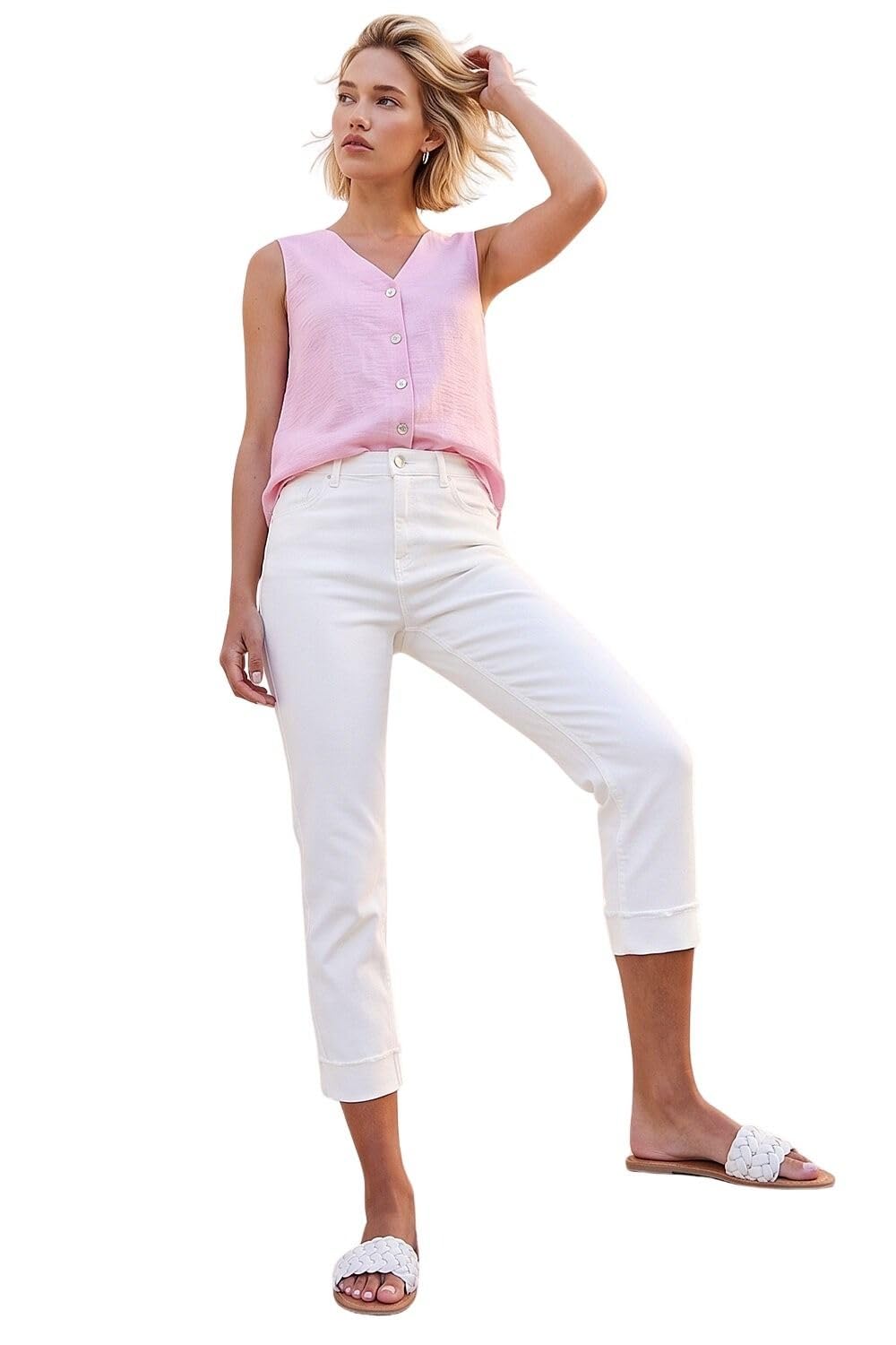 Roman Originals Slim Leg Turn Up Stretch Jeans for Women UK - Ladies Everyday Autumn Winter Comfy Soft Evening Vacation Work Party Night Out - White - Size 20