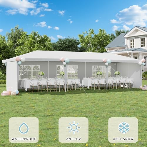 MELLCOM 10x30FT Party Tent, Outdoor Wedding Tent with 6 Sidewalls & 2 Zippered Doors for Holiday BBQ & Events, Birthday Parties (White) - 4