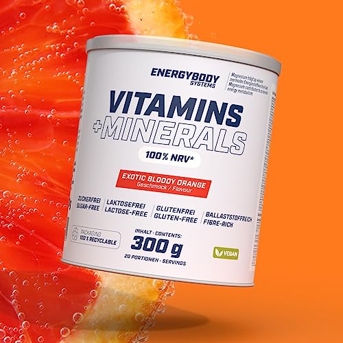 Energybody Vitamins + Minerals Pulver - 300g - mit 10 Vitaminen & 8 Mineralstoffen/Multivitamin Mineralstoff Drink/Exotic Bloody Orange Geschmack, vegan