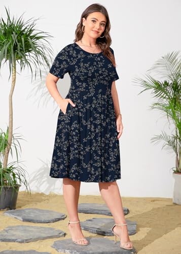 Image of POSESHE Womens Plus Size Summer Dress 2026 Casual Short Sleeve Empire Waist Loose Fit Swing T-Shirt Dress with Pockets