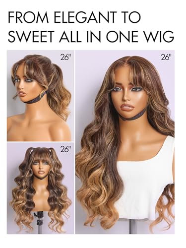 Image of LUVME HAIR 7x6 HD Lace All-Day Comfort Wig with Bangs 200% Density Hair Lace Wigs Ombre Blonde Highlight Loose Body Wave Lace Front Wigs Human Hair Pre Cut Plucked Glueless 18 Inches