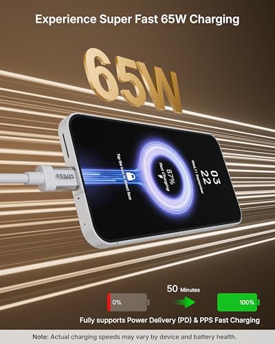 Image of FEDUS Zetta-X6I 65W Type C to Type C Cable 1M, Super Fast Charging PD /PPS USB C to C Data Cord for Nothing Phone 1,2,2a,3,CMF1,2, Samsung S24 Ultra, iPhone 15 /16 Pro Max, iPad, MacBook, Android Auto