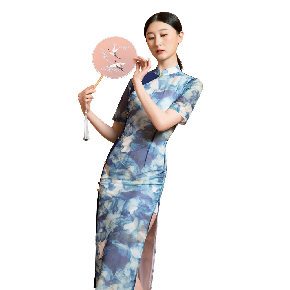 ROYAL SMEELA Abito Cinese Blu Qipao Abito Cinese Tradizionale Donne Vestito Stile Cinese Cheongsam Fiore Maniche Corte Abiti Tradizionale Cinese Fiore Stampa Abito da Sera Cocktail Abito da Festa