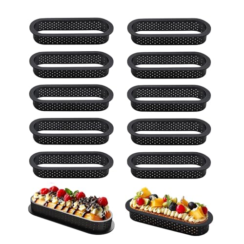Tiamu 12 Pcs Oval Tart Rings Cake Mold, Perforated Mousse Ring, Dessert Ring, Nonstick Bakeware Cake Rings for Baking Pies Quiche Cheese Cakes, Pastry Crumpet, Home Food Making Tool