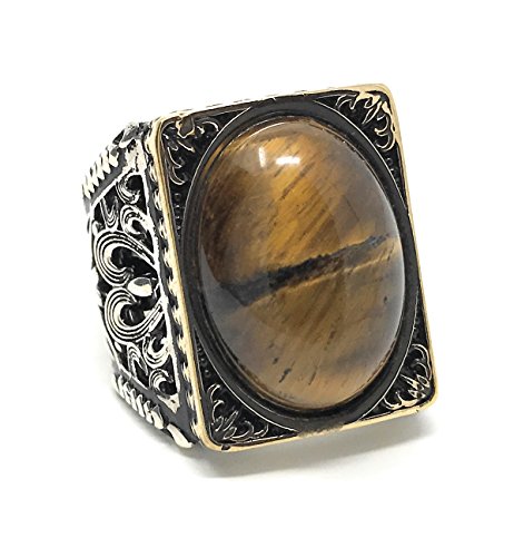 Kar 925K Stamped Sterling Silver Tiger Eye Men's Large Ring I1P (8) #TOP4