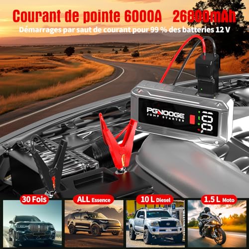 PGNOOGE 6000A 26800mAh Arrancador De Baterias De Coche (hasta All Gasolina/10 L Diesel), 12V Arrancador De Coches Portatil con BotóN De Arranque Forzado Y Salida USB, Gran Pantalla LCD - imagen 2