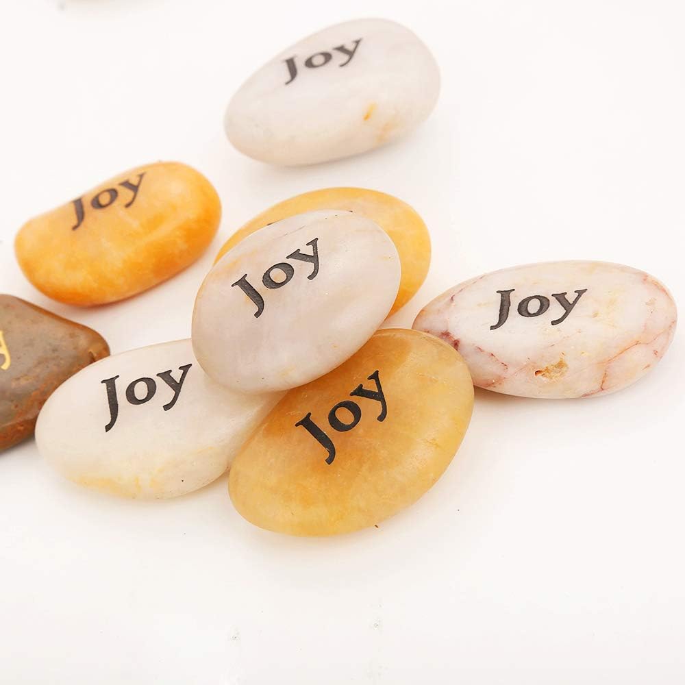ROCKIMPACT 50PCS Joy Joy Stone Engraved Rocks Inspirational Stones Prayer Stones Gift Zen Chakra Gratitude Rock Palm Pocket Worry Stone Spirit Encouragement Rocks Wholesale Bulk Joy Rock, 2"-3" Each
