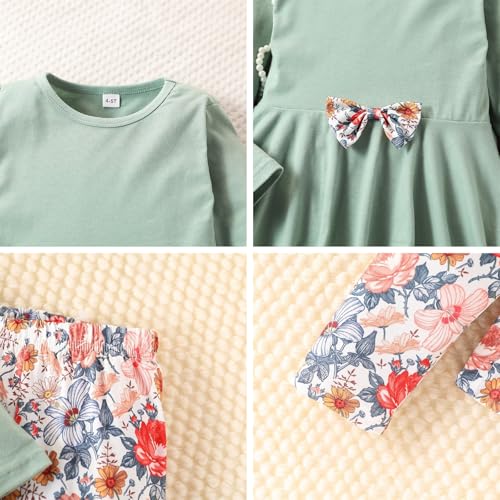 Image of Kids Toddler Girls Clothing Set Long Sleeve Top With Bowknot ＋Floral Print Pants 2 Pcs Fall Outfits Set