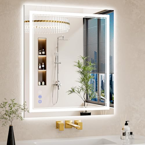 Image of 28X32 LED Bathroom Mirror with Lights, Anti-Fog, Backlit + Front Lit, Dimmable, Led Vanity Mirror for Wall, Lighted Bathroom Mirror, 3 Colors, Shatter-Proof Tempered Glass