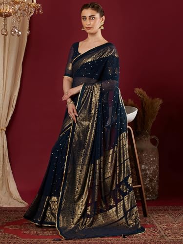 Image of SAMAH Women's Georgette Foil Printed Lace Work Saree with Unstitched Blouse Piece