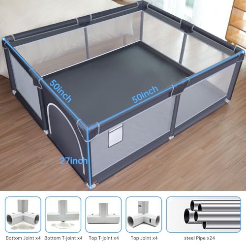 XVISHX Baby Playpen, 50 x 50 inch Baby Playard, Playpen for Babies and Toddlers, Baby Fence play Pen for Indoor & Outdoor, with Soft Breathable Mesh,No Gaps Playpen for Babies, Grey - Thumbnail 7