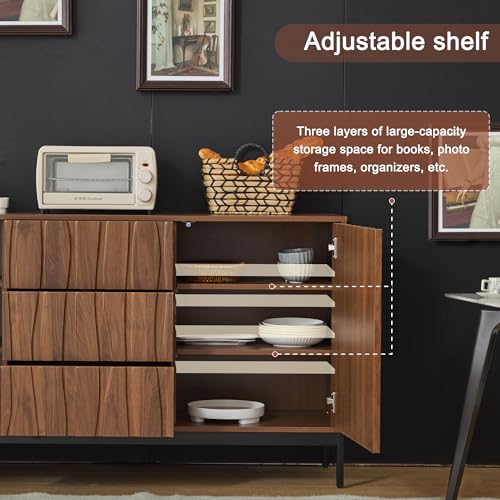 Merax Sideboard Cabinet 150cm,Kitchen Storage Cabinet,Hallway Sideboard,Dark Oak Effect Sideboard with 3 Drawers & Adjustable Shelves,150 * 40 * 80cm - Image 8