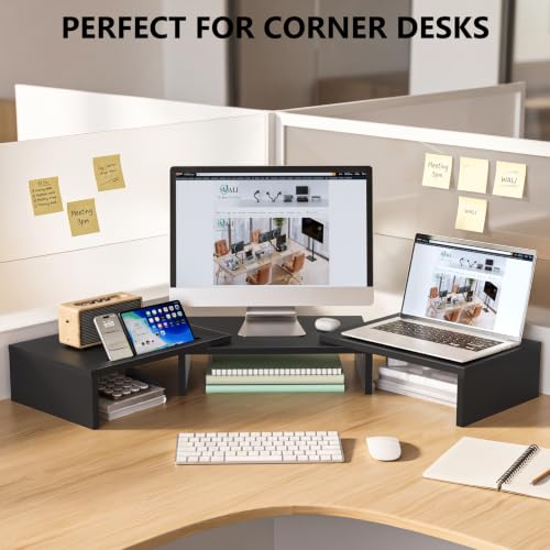 Image of WALI Extra Long Wooden Dual Monitor Stand Riser with 2 Slots, up to 22lbs | Underneath Storage, Adjustable Length & Angle, Multi-Purpose Desktop Organizer Desk Shelf for Home Office PC, Laptop, Printer