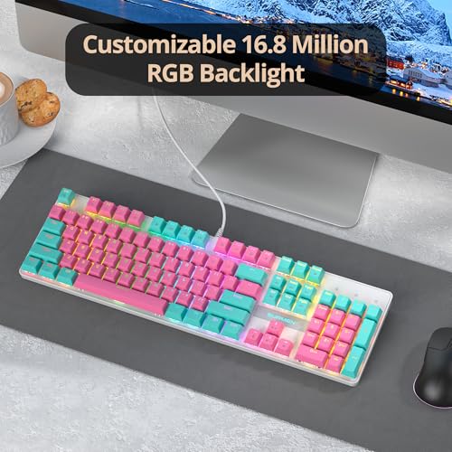 Image of Full Size Mechanical Keyboard, Creamy Keyboard with Number Pad, 104 Keys Wired Gaming Keyboard, Pink Keyboard with Red Switch, RGB Backlit for PC Laptop(Miami)