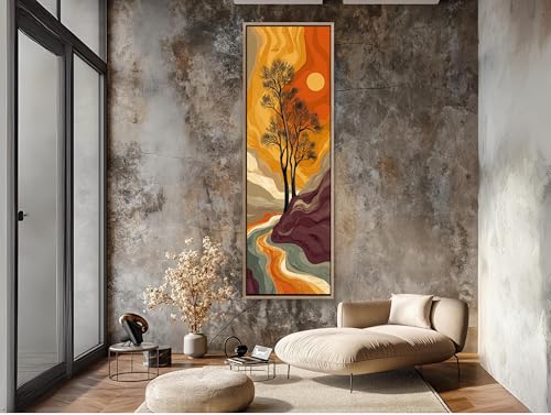 Toile paysage coucher de soleil orange pour habiller un mur vide, grand tableau moderne 195 cm