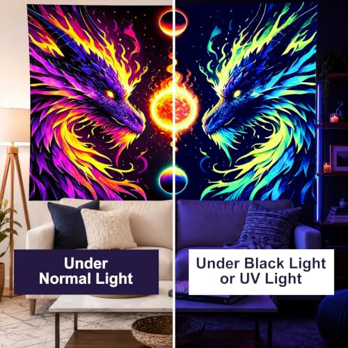 Image of BlissYard Dragon Tapestry Blacklight Tapestry 78x59 Inch UV Wall Hanging | Tapestry for Bedroom with Neon Twin Dragon Artwork for Fantasy Bedroom Dorm and Gaming Room Decor