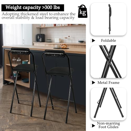 Image of Thyle 2 Pcs Folding Bar Stool with Backrest, Tall Foldable Stool Chair Portable High Folding Bar Chair Counter Height Seat Leather Padded for Kitchen Island Shop Cafe Dining Room Black (27.5 Inch)