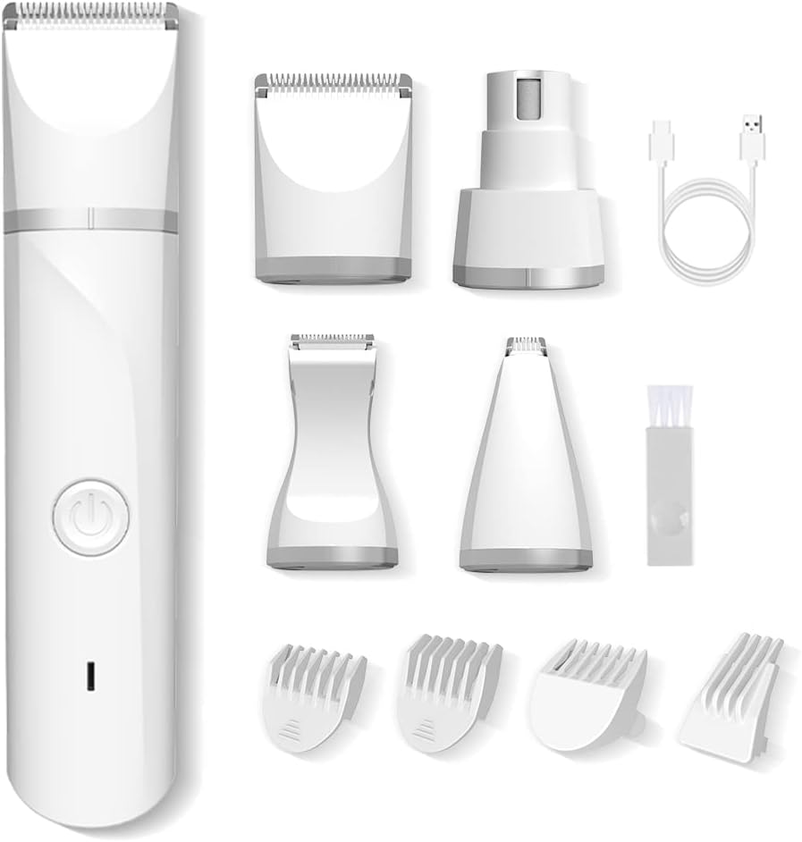 Blinggo Dog Hair Clipper, Electric Pet Trimmer Grooming Kits with 4 Heads, Rechargeable Shaver, Nail Grinder for Paws, Eyes, Ears, Face
