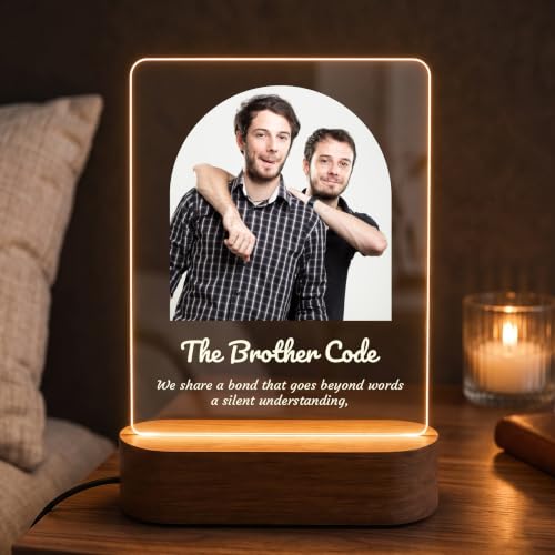 Image of Giftplease Personalized LED Photo Lamp for Brother, Custom Arch Acrylic Night Light with Wooden Base, The Brother Code Engraved Table Lamp, Unique Birthday, Rakhi, and Graduation Gift for Brother