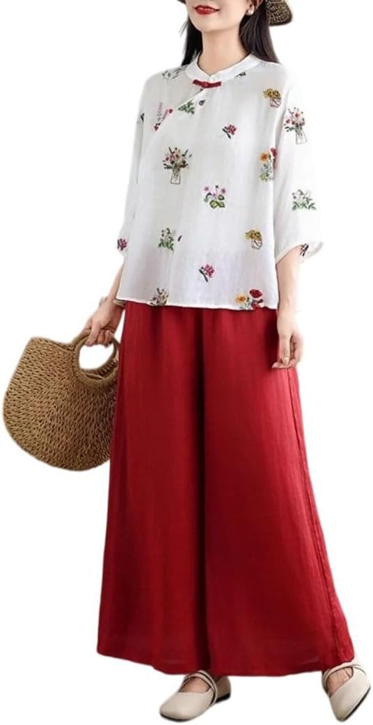 Women Embroidered Slanted Collar Two Piece Set Wide Leg Pants Casual Outfit
