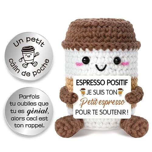 Hakumata Espresso Positif, Cadeau Femme & Homme Déco Positive avec Petit Câlin Porte Bonheur - Mini Espresso Motivant Crocheté, Cadeau Original pour Toute Occasion