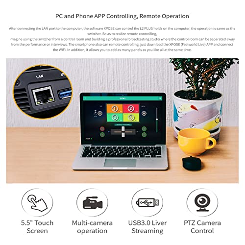 FEELWORLD Misturador de vídeo para várias câmeras L2 PLUS com tela LCD sensível ao toque de 5,5 pole