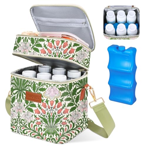 Image of PIIOSER Breastmilk Cooler Bag with Ice Pack Fits 6 Baby Bottles Up to 9 Ounce, Insulated Baby Bottle Tote Bags, Double Layer Waterproof Leak-Proof with Shoulder Strap for Nursing &Working Mom (Floral)