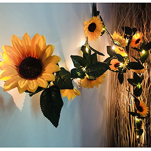 Fielegen 2 Pack 60LED Artificial Sunflower Garland String Lights, 4.5M Silk Sunflower Vines Battery Powered Fairy Night Lights for Indoor Bedroom Holiday Wedding Party Garden Decoration