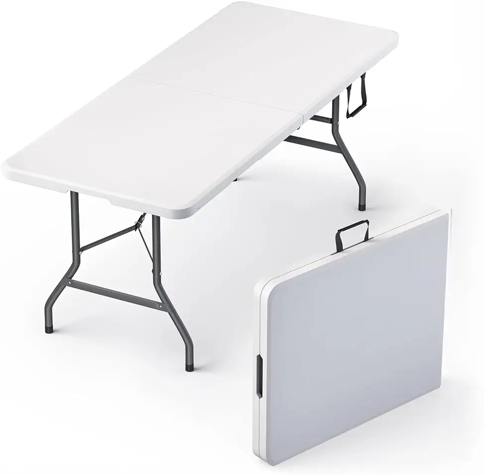 6 Feet Foldable Table with Built in Handle & Steel Legs | 6FT Heavy Duty Folding Portable | Perfect for Party, Dining, Wedding, Events, Picnic Indoor, Outdoor, Camping, Utility, Folding - 6 Foot
