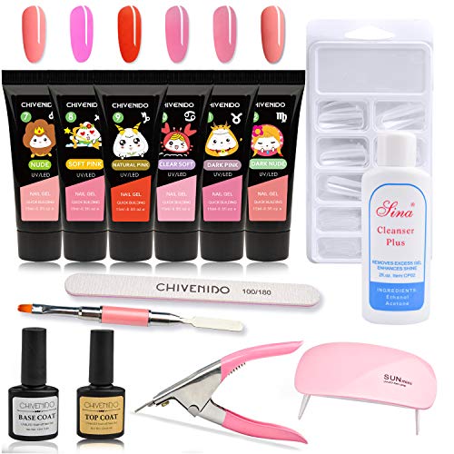 Poly Gel Nail Kit, CHIVENIDO 6x15ML Nail Builder Gel Extension Nail Gel Kit, Poly Nail Gel Kits Starter Kit Nail Salon Easy DIY for Beginner at Home All-in-One Kit Gift Set (S-02)