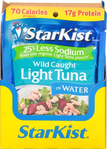 Image of StarKist Light Tuna in Water 25% Less Sodium Pouch (2.6 oz) Ready to Eat, Wild Caught, High Protein Shelf Stable Seafood, Gluten Free, Soy Free, No Draining for Salads and Sandwiches (Pack of 6)