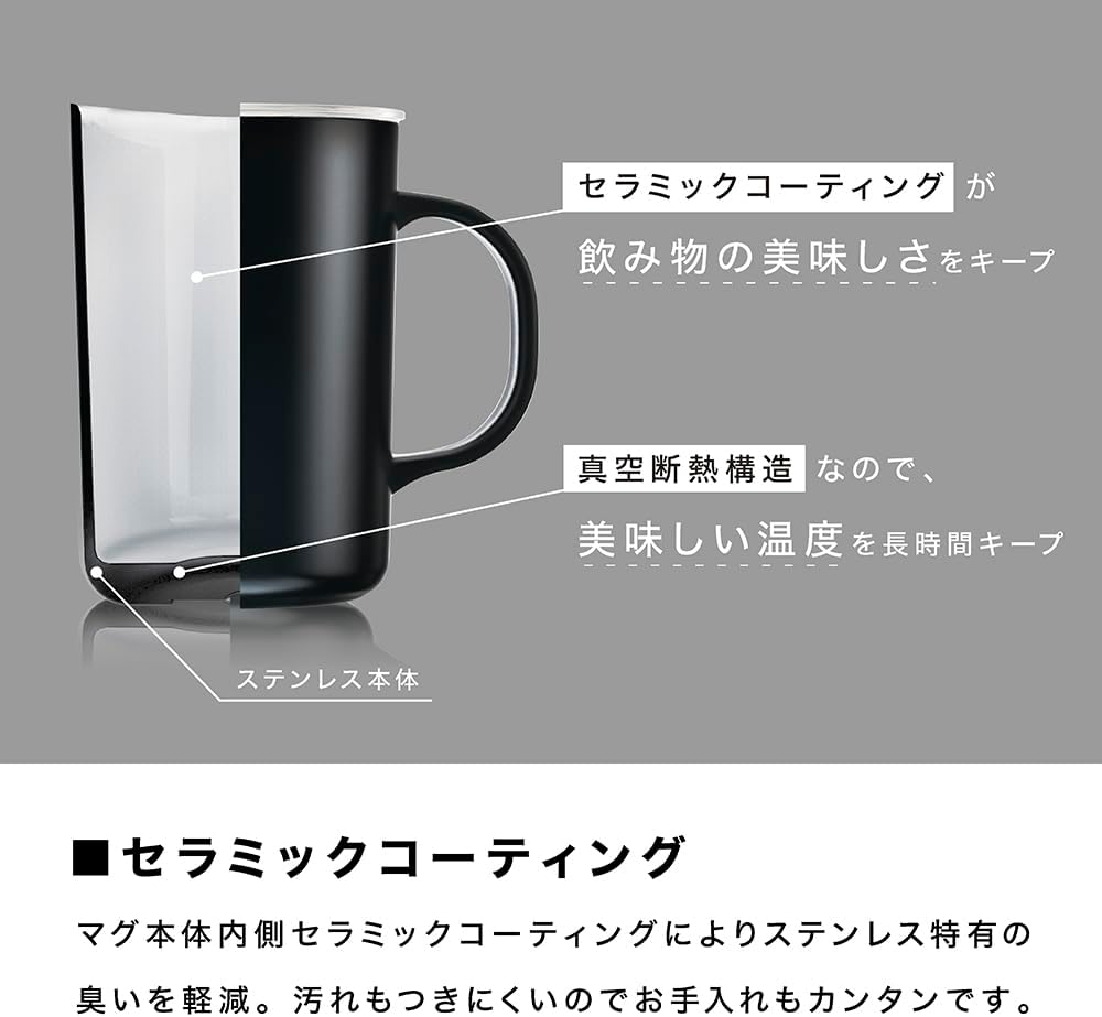 HARIO CMG-470-B Ceramic Coating Vacuum Double Insulated Mug, Black, 16.5 fl oz (470 ml), Lid Included